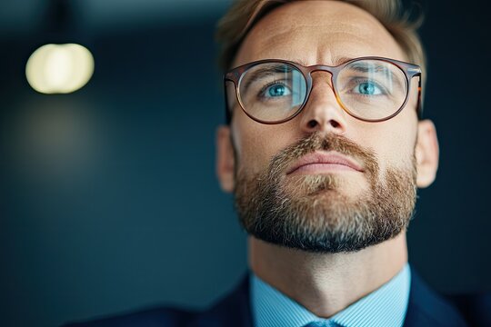 composed investor wearing elegant glasses observing ongoing bid war with measured patience with copy space