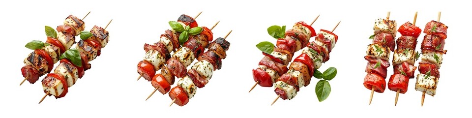 Set of Mozzarella Red Pepper and Bacon Skewers Isolated on Transparent Background