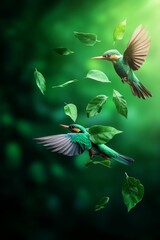 Two vibrant green birds in flight amidst falling leaves.