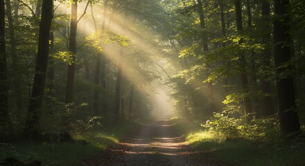 Obraz premium Sunbeams Through Forest Path Misty Morning Landscape Photography