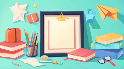 Kids school diploma, books and textbooks education certificate in vector background frame with school stationery on blackboard. Children award, graduation diploma or certificate of achievement