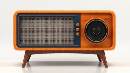 Fototapeta premium Retro orange radio, mid-century design, white background, home decor
