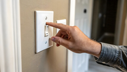 Naklejka premium Hand switching on a light switch in a modern home interior