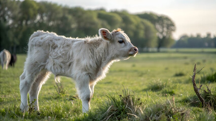 Obraz premium Young calf standing in a green pasture during golden hour with soft sunlight