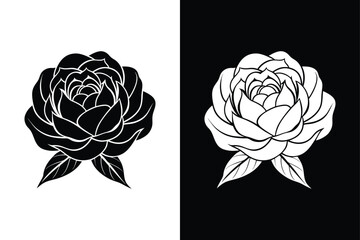 Stylized Peony Flower with Leaves. Minimalist Vector Art