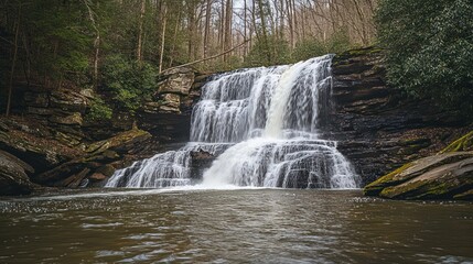 Obraz premium Cascading waterfall in forest, spring, nature, tranquil scene, travel
