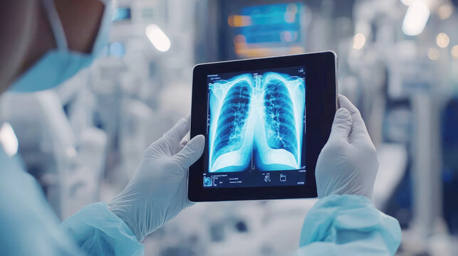Doctor holding x-ray of person's lungs displayed on tablet in medical facility