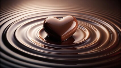 A delicate, heart-shaped chocolate piece rises from a pool of chocolate ripples on a dark background, with a subtle sheen effect , sweet treat, confectionery