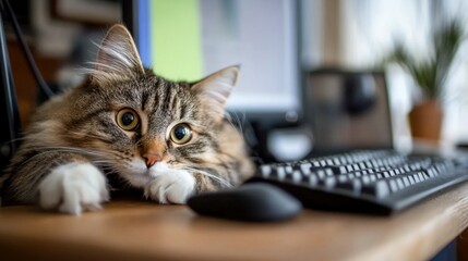 Curious Tabby Cat Peeking Over Desk, with Computer, Keyboard and Mouse Visible
