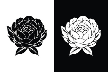 Elegant Peony Flower Icon. Timeless Black & White Silhouette