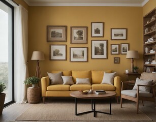 A modern Scandinavian-inspired living room with a yellow designer sofa set and photo frames on the wall 3d interior illustration image.