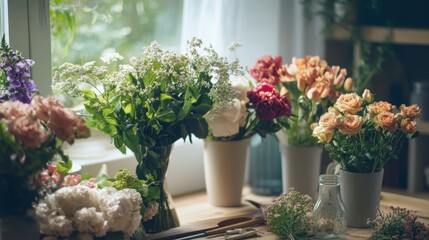 Scene of a floral arrangement setup. Featuring flowers, vases, and arranging tools. Highlighting the beauty of floral design. Ideal for floral and craft blogs.