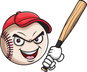 Illustration of cartoon baseball ball holding a bat