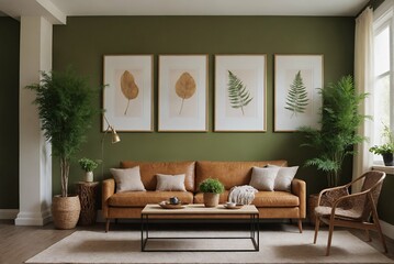 Fototapeta premium A modern Scandinavian-inspired living room with a designer sofa set and photo frames is displayed on the wall 3d interior illustration image.