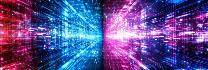 Blue And Pink Neon Grid With Light Particles Trailing Down, Abstract Vector Illustration