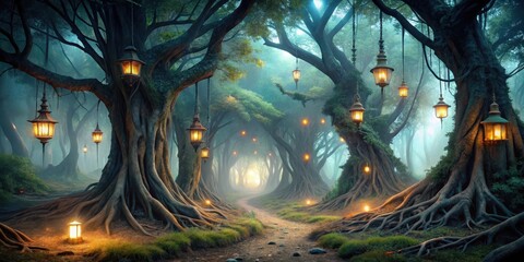 Fototapeta premium Dark mystical forest with twisted tree roots and misty atmosphere, illuminated by dim lanterns, ambient, atmospheric