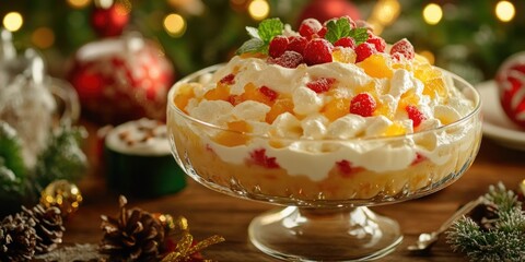 Obraz premium A festive Christmas-themed bowl of dessert with berries and toppings.