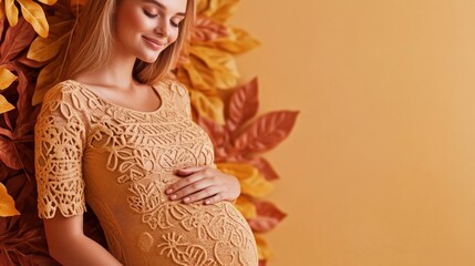 Pregnant woman in autumnal-toned dress, gently caressing her belly.