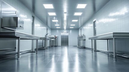 Fototapeta premium Clean, stainless steel hallway in modern facility. Ideal for themes of hygiene, technology, or industry.