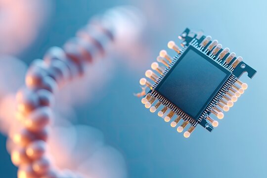 highly detailed close-up of microchip interfacing with genetic material representing bioinformatics and ai-driven genetic