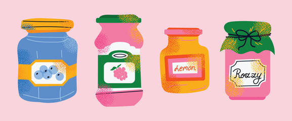 Collection of colorful jam jars with fruit labels isolated on a pink background. Set of fruit jams in glass jars in cartoon style. Hand-drawn flat vector illustration. Homemade marmalade jars.