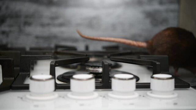 A rat runs on a gas stove in the kitchen. Unsanitary conditions in the room.
