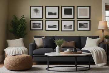 A modern Scandinavian-inspired living room with a designer sofa set and photo frames is displayed on the wall 3d illustration interior design image.