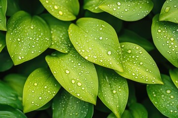 Fototapeta premium macro shot of raindrops resting on vibrant green leaves sparkling under soft light blurred background copy space