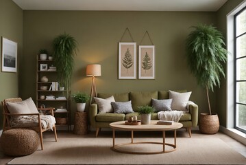 A modern Scandinavian-inspired living room with a green designer sofa set and photo frames is displayed on the wall 3d illustration interior design image.