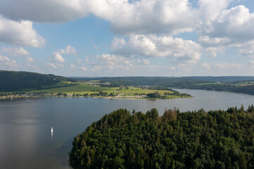 Bleiloch Dam in Thuringia, Germany in summer from the air with SUP