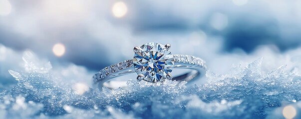 Sparkling diamond ring nestled in glistening snow with soft bokeh lights