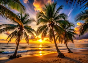 Silhouetted palms frame a vibrant sunset, capturing a candid tropical paradise ocean view.