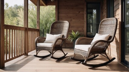 Obraz premium Rocking chairs on porch, relaxed mood, inviting space for leisure and comfort