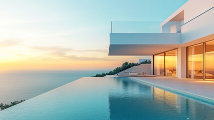Fototapeta premium Serene Poolside Oasis Overlooking Expansive Ocean Horizon with Gentle Waves and Bright Blue Skies Creating a Tranquil Atmosphere Ideal for Relaxation and Leisure Amidst Nature's Beauty