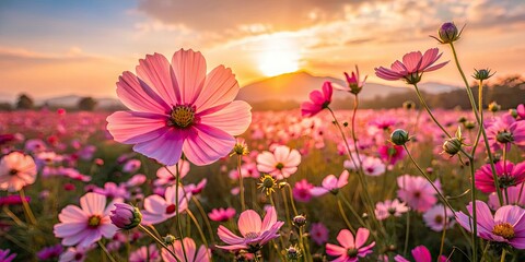 Fototapeta premium Soft morning light bathes a pink cosmos field, vintage drone photography captures its ethereal beauty.