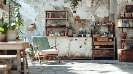 Rustic kitchen, plants, sunlit room, vintage chair, interior design