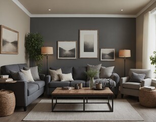 A modern Scandinavian-inspired living room with a designer sofa set and photo frames is displayed on the wall 3d illustration interior design image.