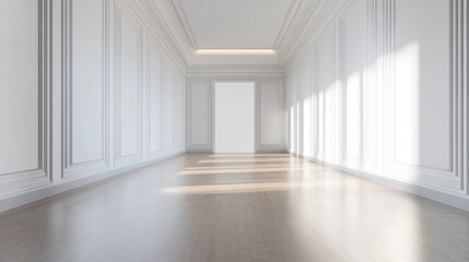 Obraz premium Sunlit empty classic white hallway, hardwood floor, interior design