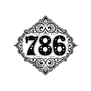 Generate a highly detailed image of the Arabic numeral 786 intricately embedded within an ornate, decorative Islamic geometric pattern.