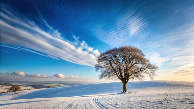 A solitary tree stands tall against the vast expanse of snow-covered fields and rolling hills under a brilliant blue sky with a few wispy clouds scattered about, countryside, serene atmosphere