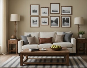 A modern Scandinavian-inspired living room with an off-white designer sofa set and photo frames is displayed on the wall 3d illustration interior design image.
