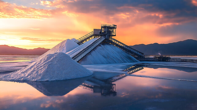 Industrial landscape saltworks machinery amidst mountain of salt in marshes on sunset

