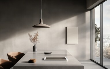 A minimalist meeting room with a sleek marble table, a tablet, and a notepad. The backdrop features light gray walls, simple pendant lights, and large windows that offer a clear view of the city