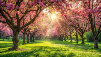 Fototapeta premium Vibrant pink blossoms scattered across a lush green meadow, with soft sunlight filtering through the trees and casting dappled shadows on the ground , garden scene, nature