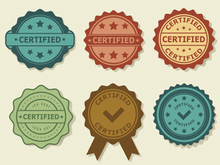 Stamp Certified Set of Colorful Certified Iso Stamps and Seals Vector Icons. Certified rubber stamp isolated emblem. Quality authorized certified logo collection in modern color.