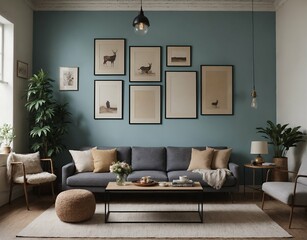 A modern Scandinavian-inspired living room with a designer sofa set and photo frames is displayed on the wall 3d illustration