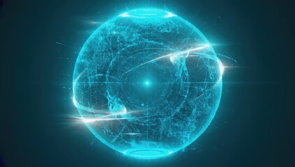 Futuristic glowing planet earth is rotating in space with data streams flowing around, representing global communication and information exchange on dark background
