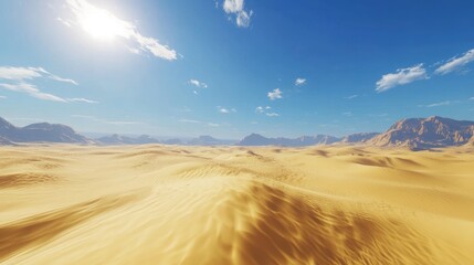 Fototapeta premium Sunny desert landscape, dunes, mountains, clear sky, travel backdrop