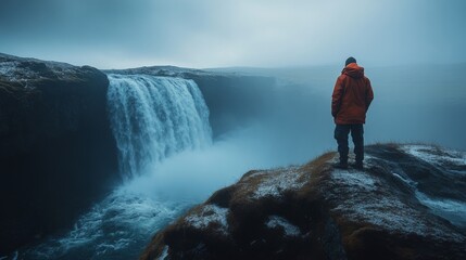 Obraz premium Solitary figure contemplating a powerful waterfall amidst a misty landscape on a cold day, highlighting the beauty of nature