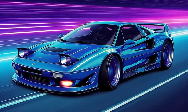 Blue sports car speeding, neon highway, retro art, poster
